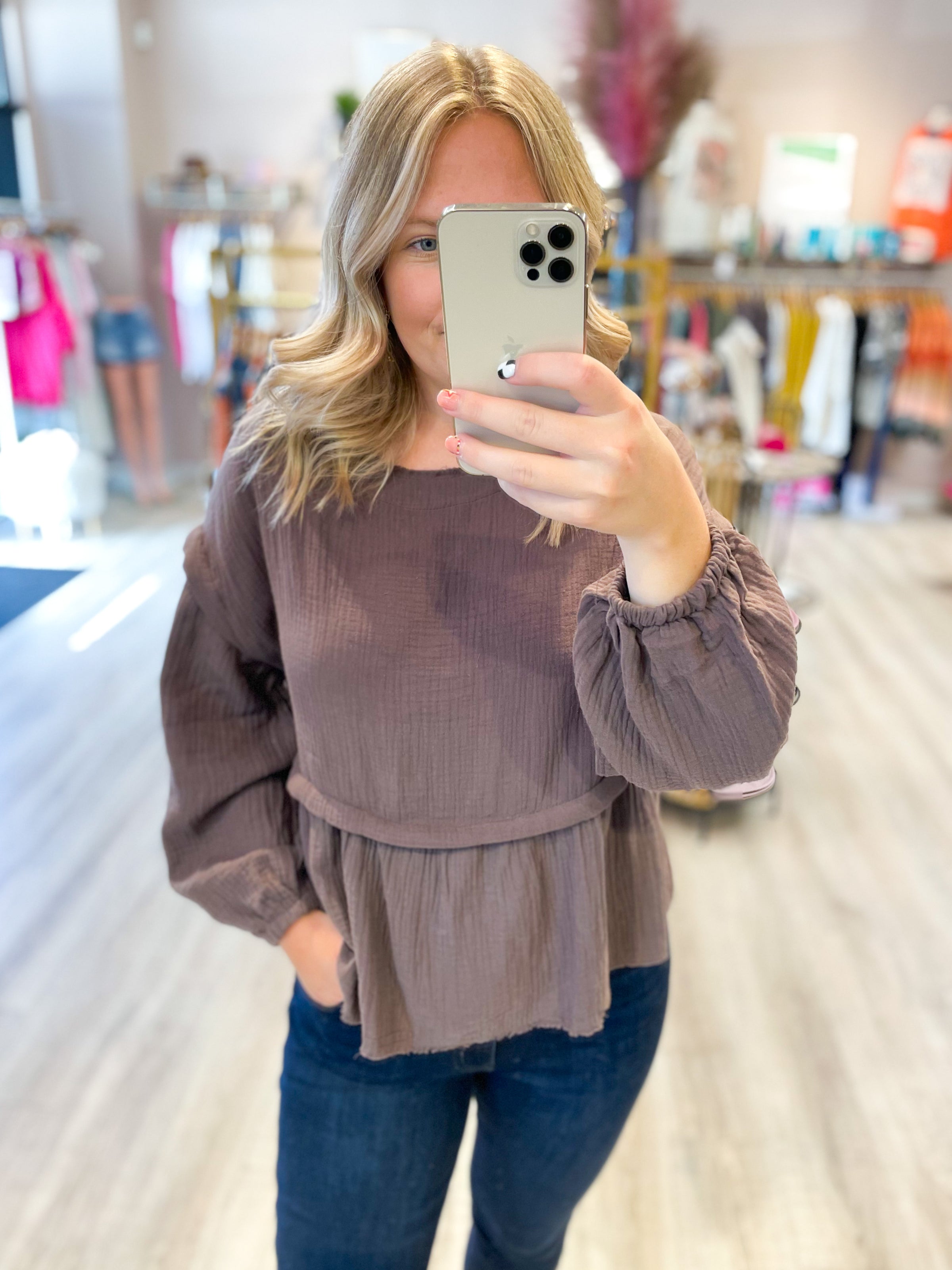 charcoal/brown babydoll style long sleeve top