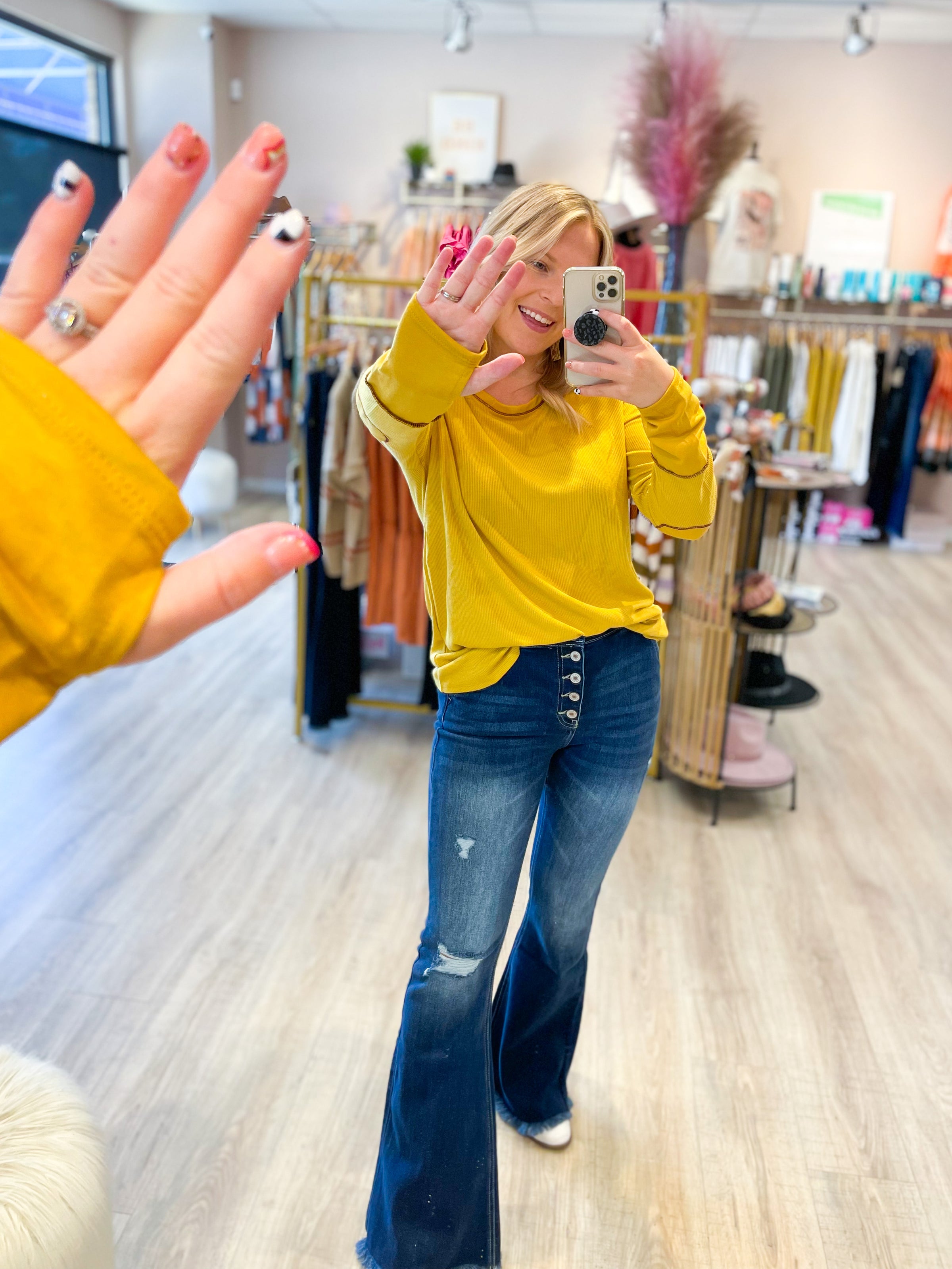 mustard thermal top with thumbhole and elbow patch