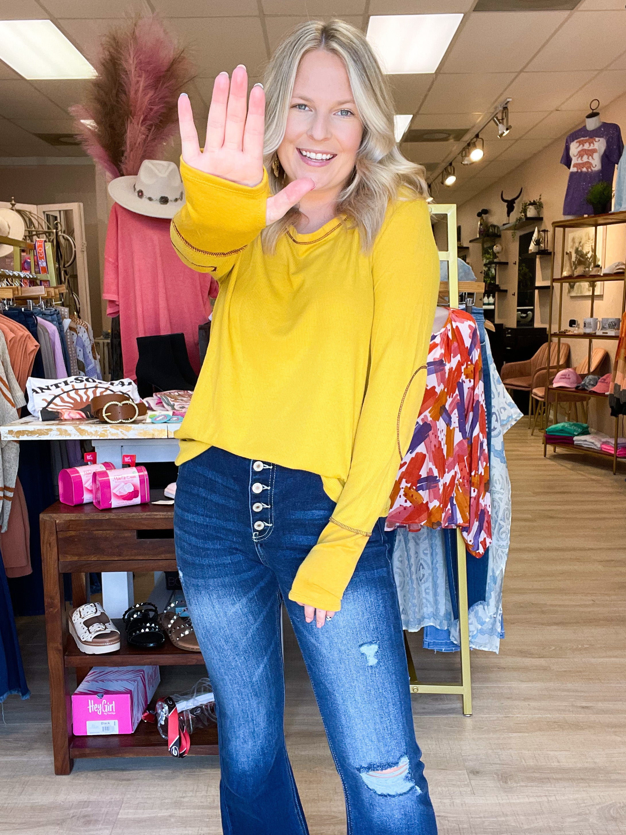 mustard thermal top with thumbhole and elbow patch
