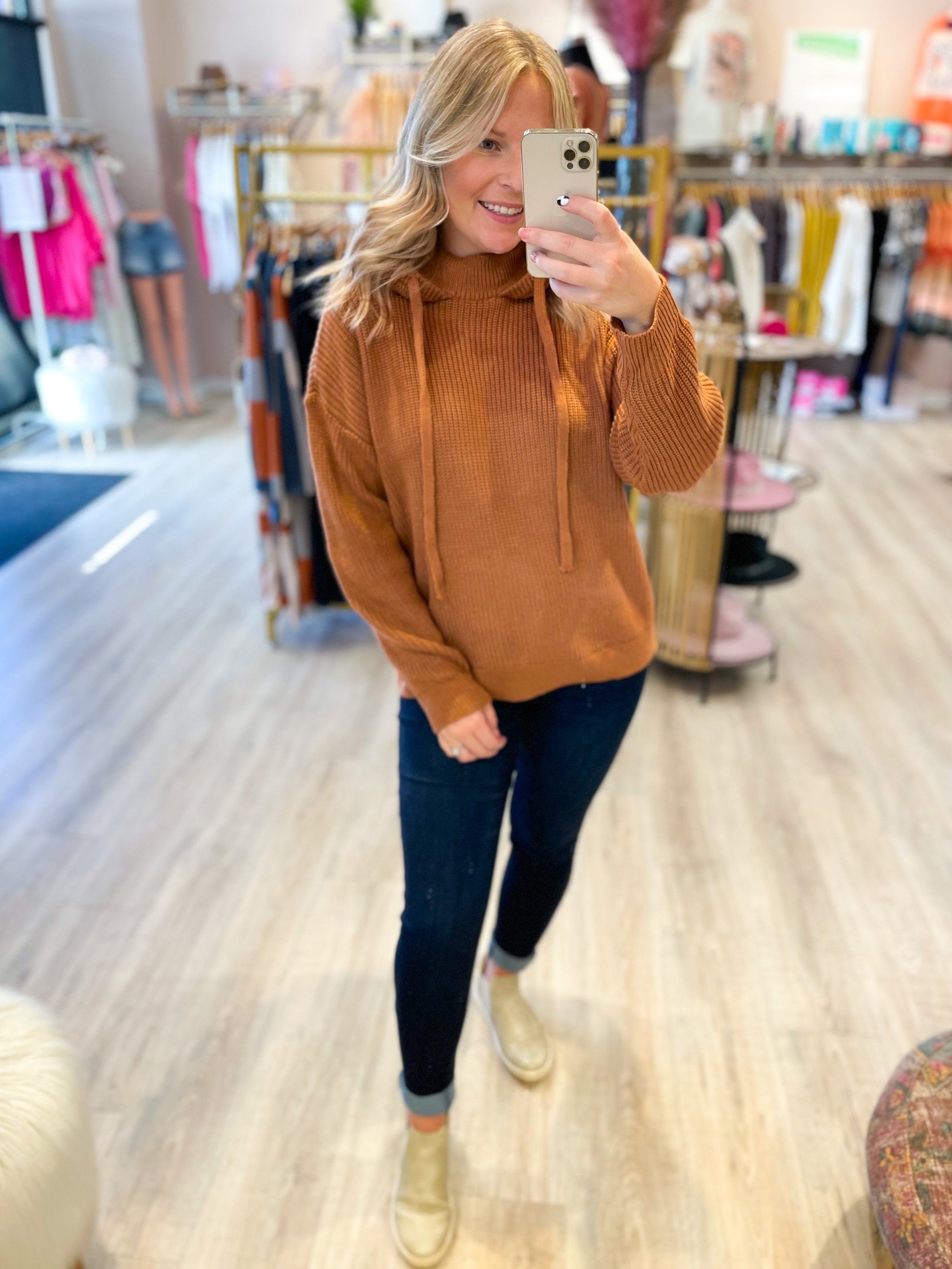 camel sweater with hood
